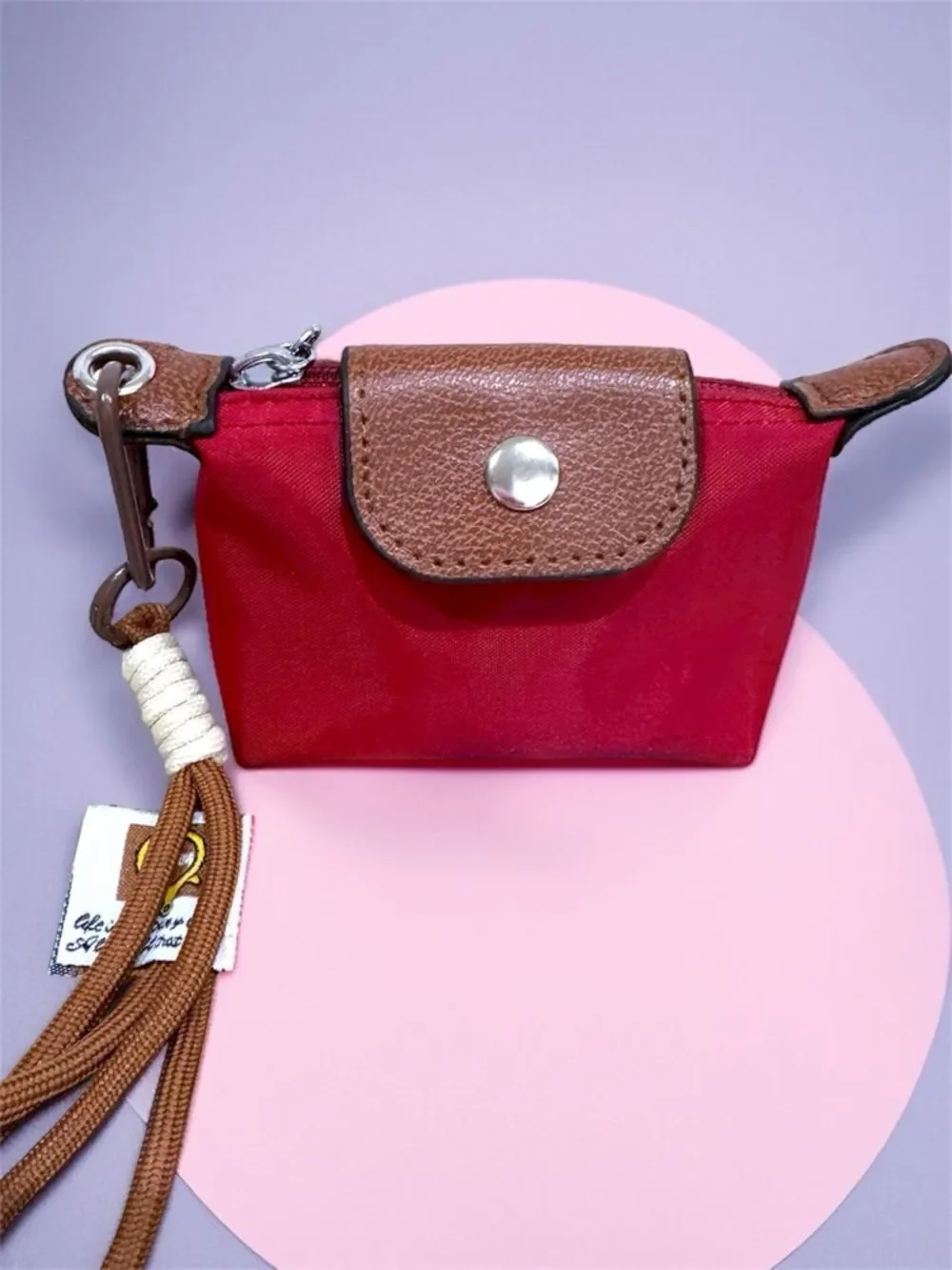 Longchamp Style Canvas Red Women's Pouch Brown Leather Trim Silver Flower Charm